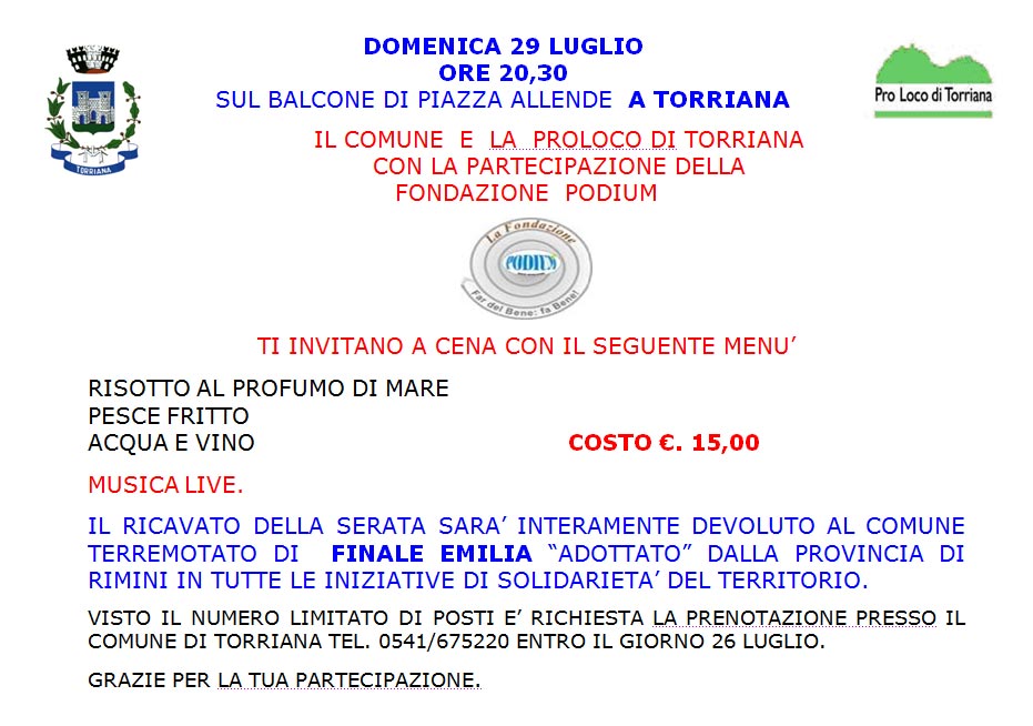 Cena domenica 29 Luglio a Torriana - Pro Finale Emilia
